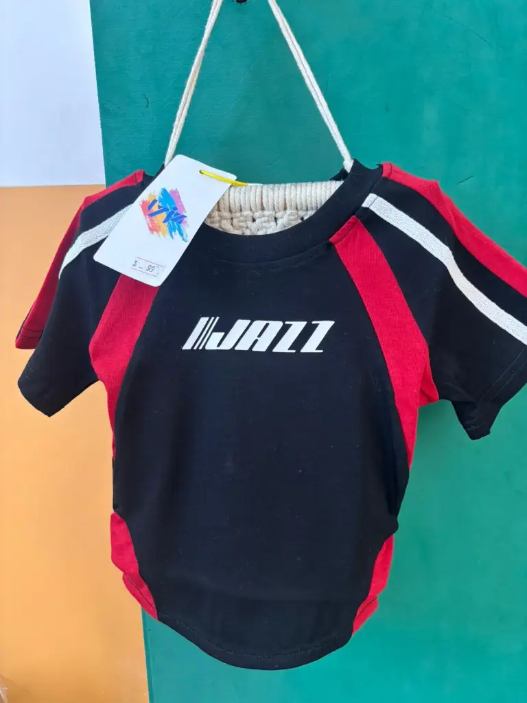 JAZZ 黑紅拼色童裝短袖T恤